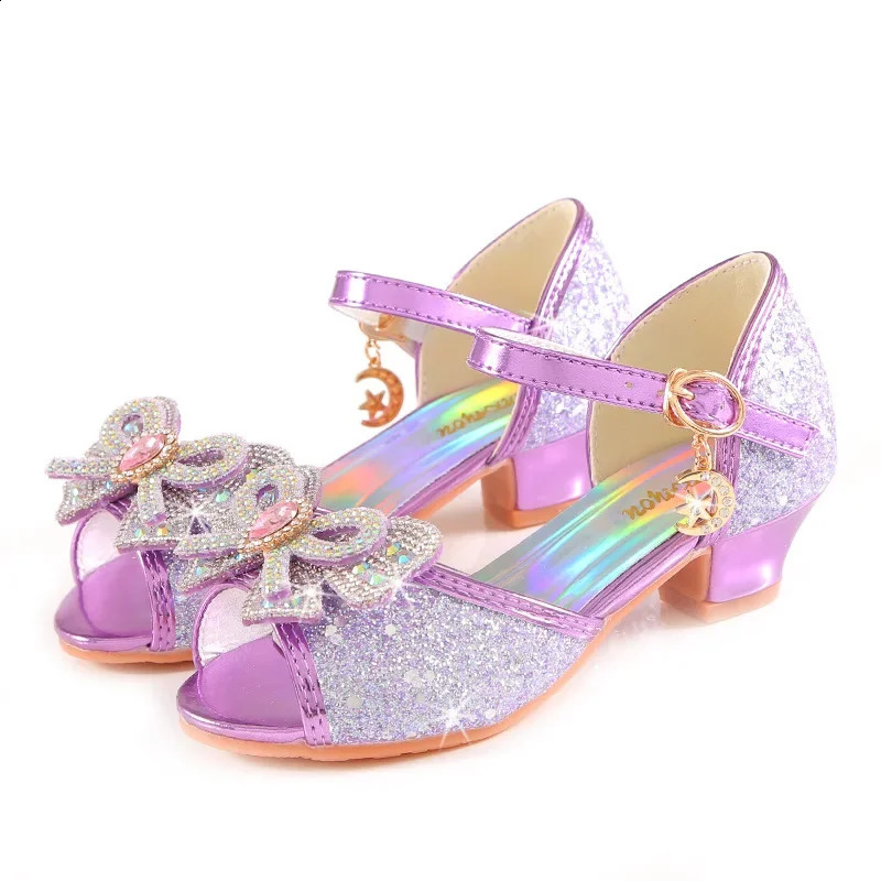 Summer girls sandals with heels fashionable rhinestones sparkling shoes childrens princess bow pearl dance shoes H876 250424