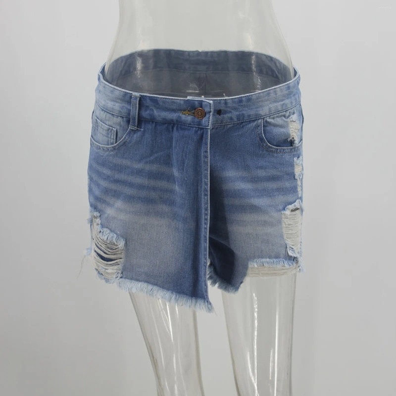 CNLONGBIDA Women's Shorts Denim For Women Distressed Hole Jeans Irregular Washed High Waist Pockets Streetwear Summer Female Vintage Short Pants