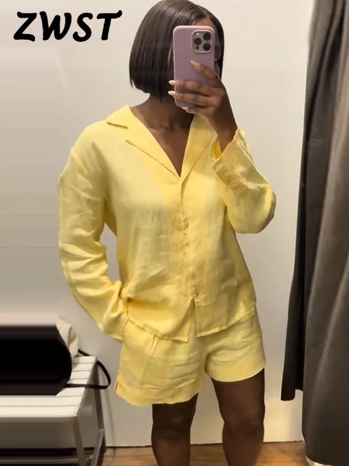 Casual cotton linen shirt set womens solid collar long sleeved single chest loose shorts summer office set 250422