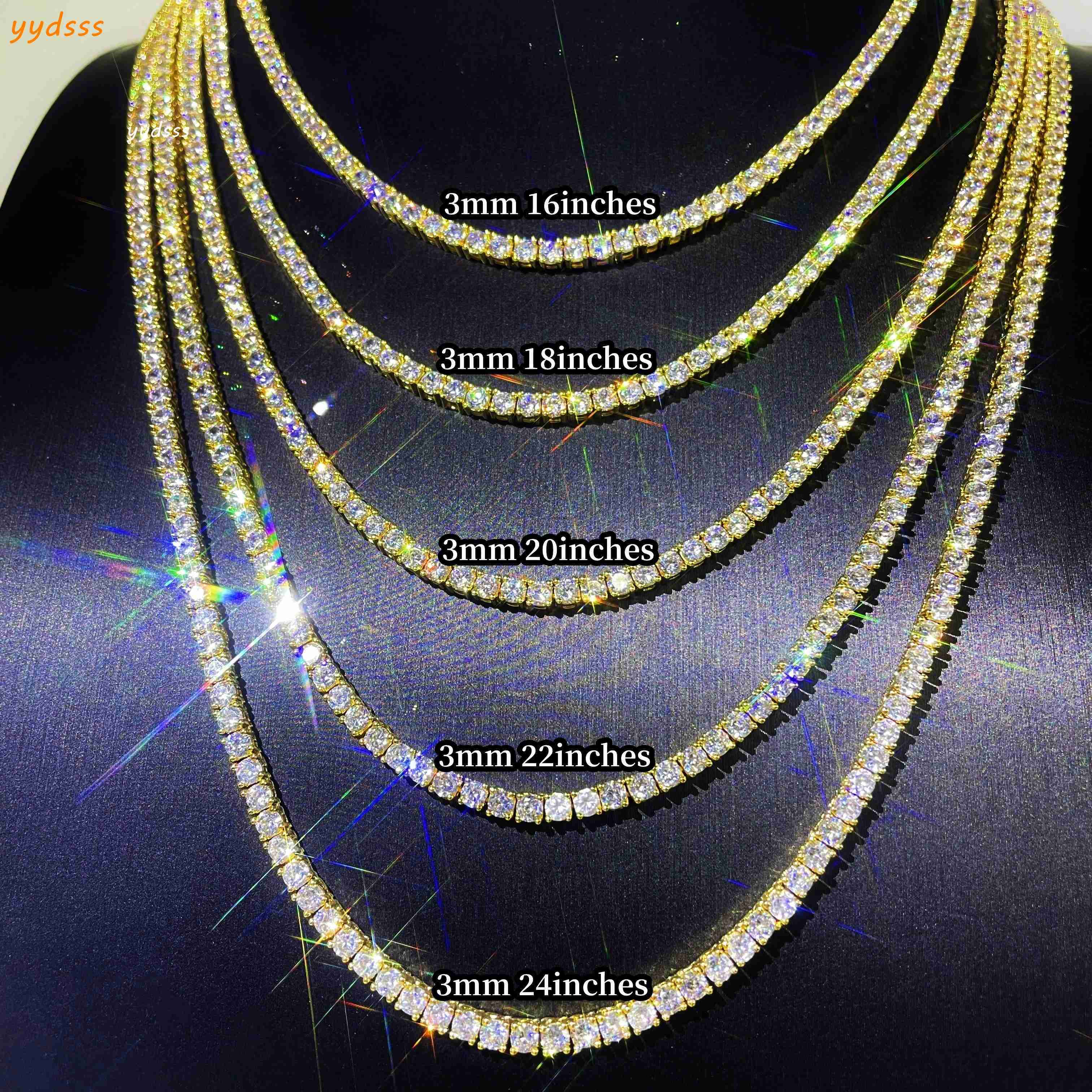 Ready to Ship 3mm AAAAA+ Moissanite Diamond Tennis Chains Hip Hop Jewelry Custom Iced Out Brass 16K Necklace