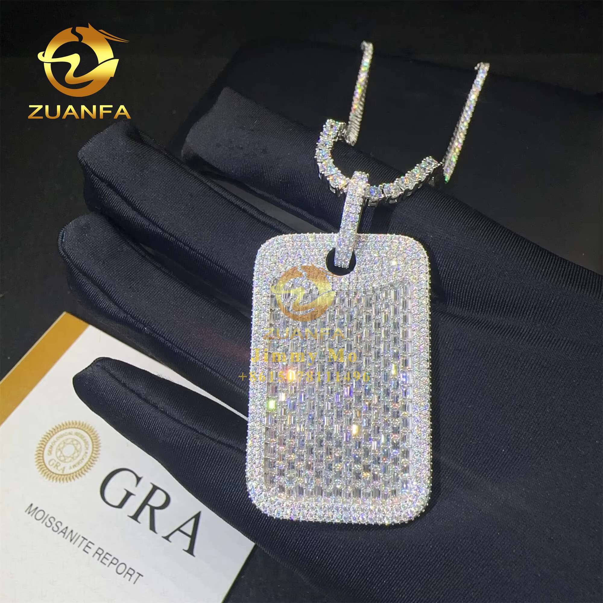 Custom Made Rapper Luxury Jewelry 925 Silver Iced Out Fully VVS1 Baguette Synthetic Moissanite Diamond Hip Hop Dog Tag Pendant