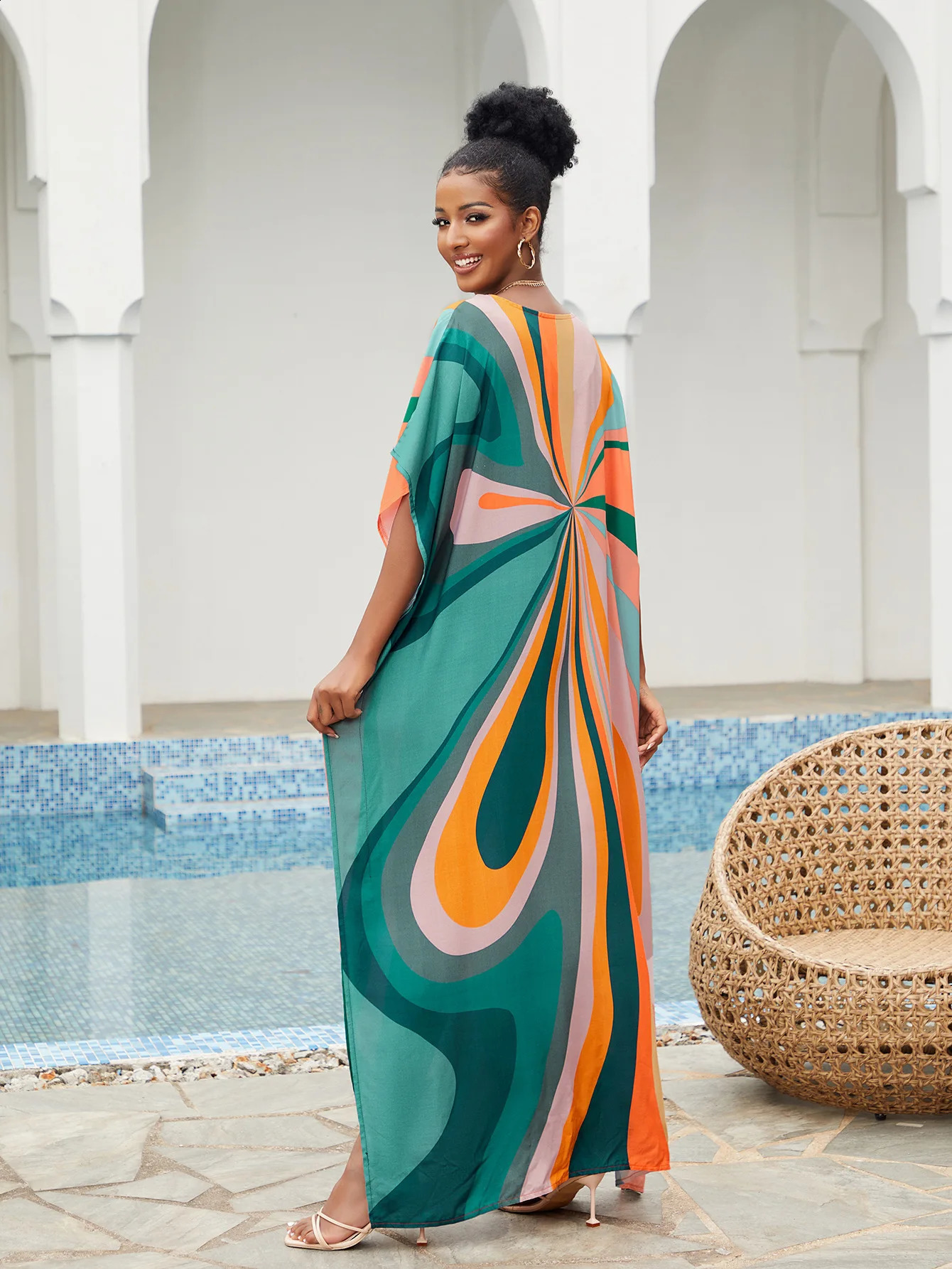 Womens Kaftan Dress Ethnic Bohemian Printed Swimsuit Covered Vneck Cafe 250422