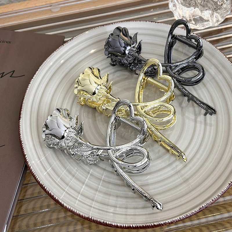 Retro style love rose big metal flat braid hair grab clip female head back shark clip headband accessoryT250425