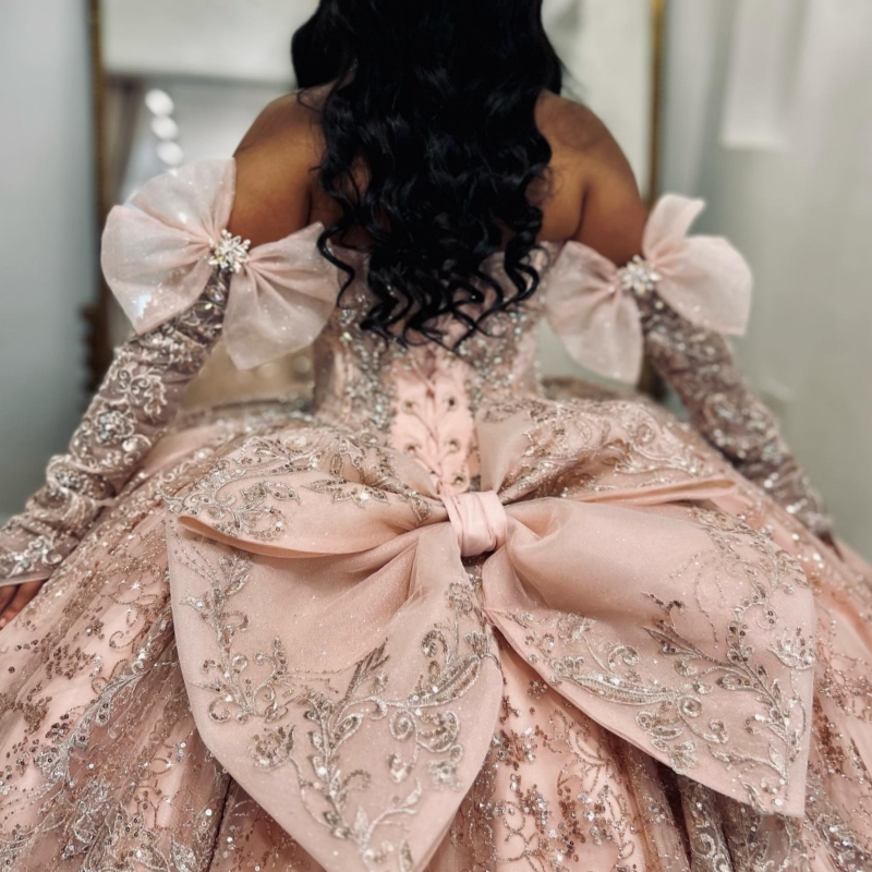 Pink Shiny Quinceanera Dresses Off Shoulder Ball Gown Sweet 16 Dress Applique Lace Beads Bow Birthday Party Vestidos 15 De Anos