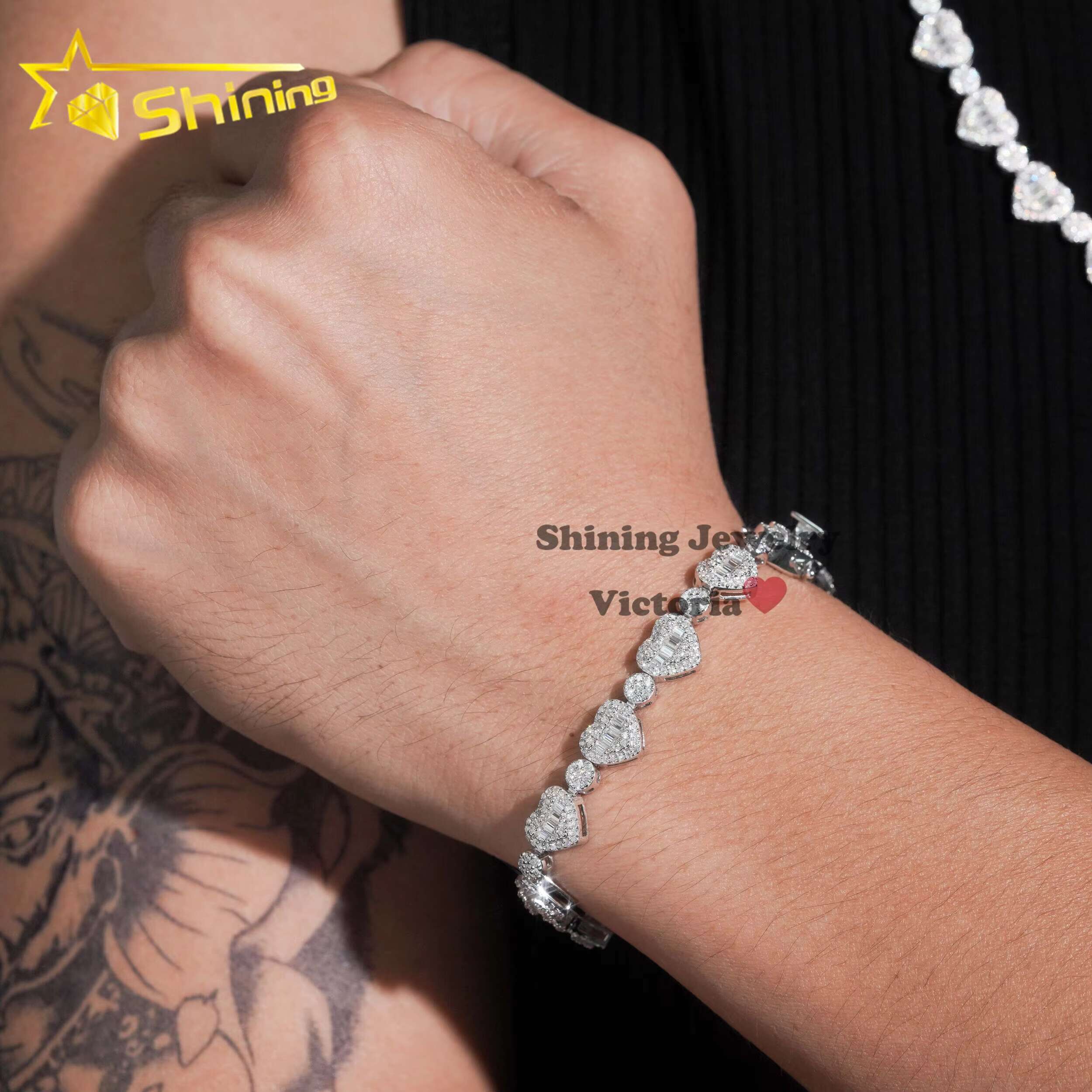 GRA Pass Diamond Tester S925 Moissanite Necklace Iced Out 8MM VVS Baguette Moissanite Diamond Heart Shaped Tennis Chain Bracelet