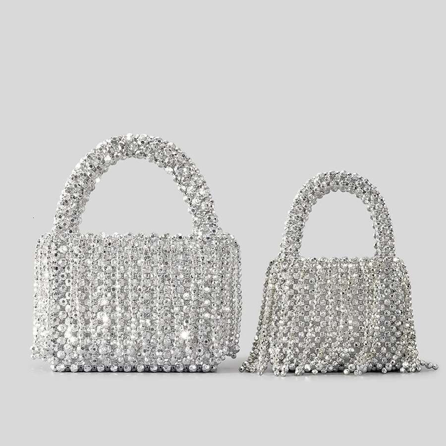 Designer Bag 2025 Fashion Acrylic Beading Tassel Women Sier Beaded Handbags Handmade Woven Summer Beach Small Tote Party Purses 2023 Luxury Bag