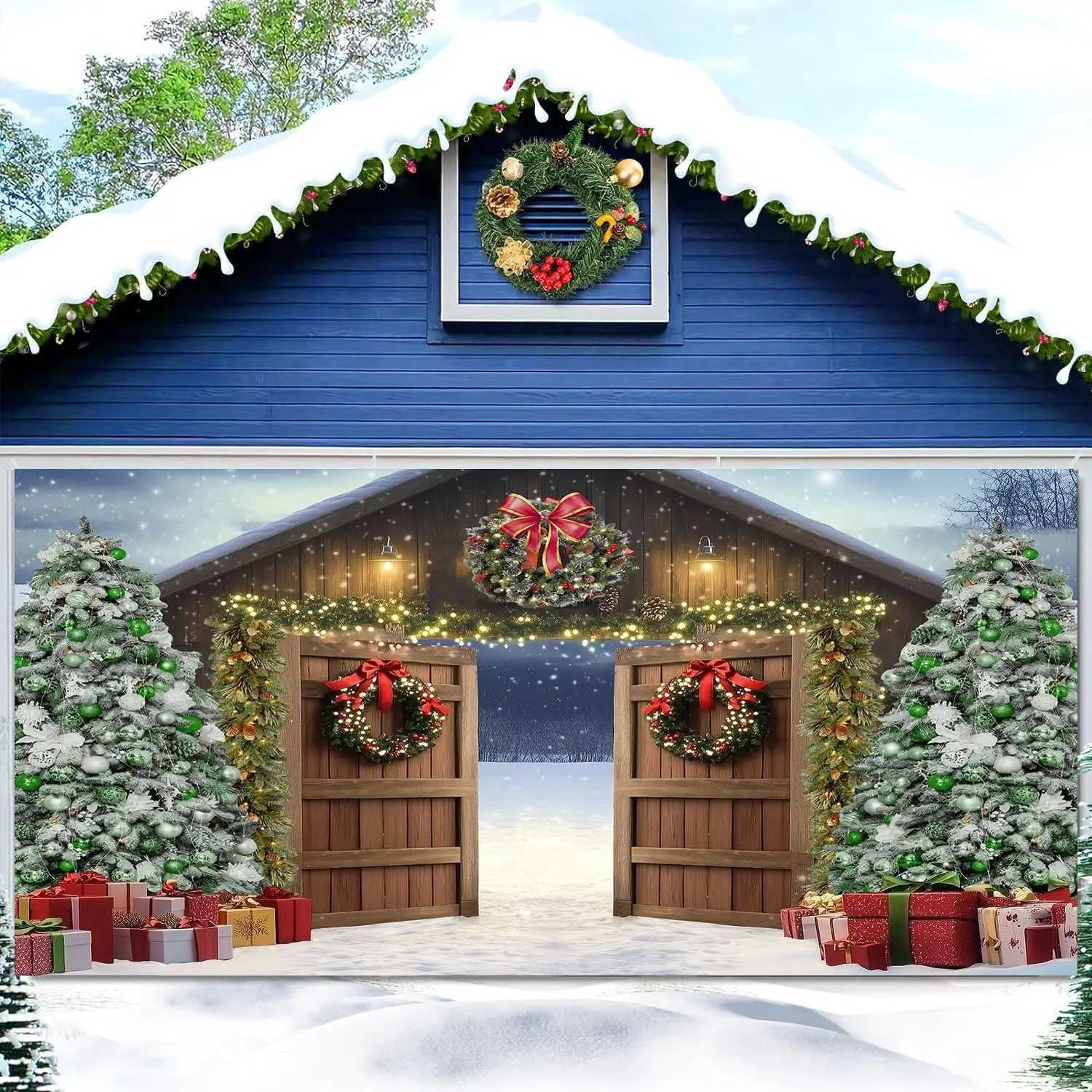 Christmas Garage Door Banner Large Merry Christmas Garage Door Decoration Winter Barn Backdrop for Room Window Outdoor IndoorM251125