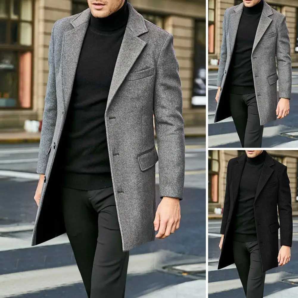 Classic Button-breasted Coat Stylish Mens Winter Suit Coat with Lapel Flap Pockets Single-breasted Mid-length Warm for ColdT251125