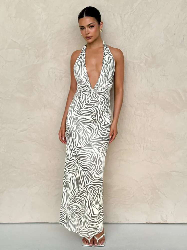 Dongdumaoyi Townlike Zebra Print Maxi Long Slim Bodycon Dress Women Halter Spring Summer Backless Nightclub Sexy Party Dresses