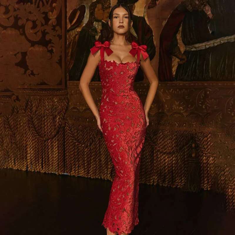 Dongdumaoyi Townlike Hollow Out Slim Bodycon Christmas Dress Women Summer Bow Embroidery Maxi Long Sexy Party Dresses