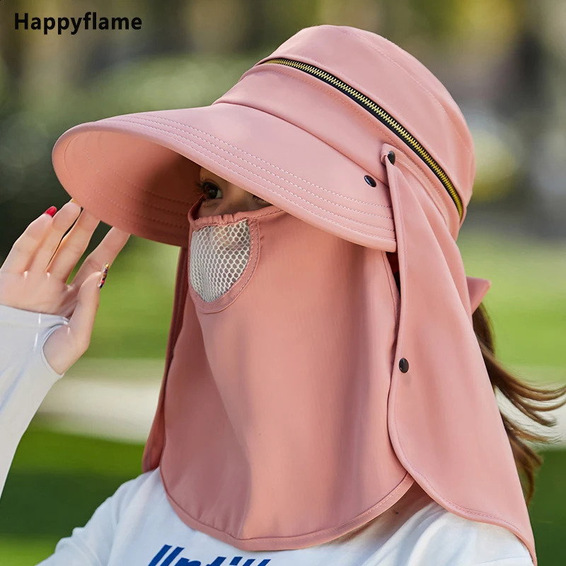 Women Outdoor Riding Anti-UV Sun Hat Foldable Big Brim Hats Neck Face Protection Detachable Mask Sunscreen Breathable Beach Caps 250424