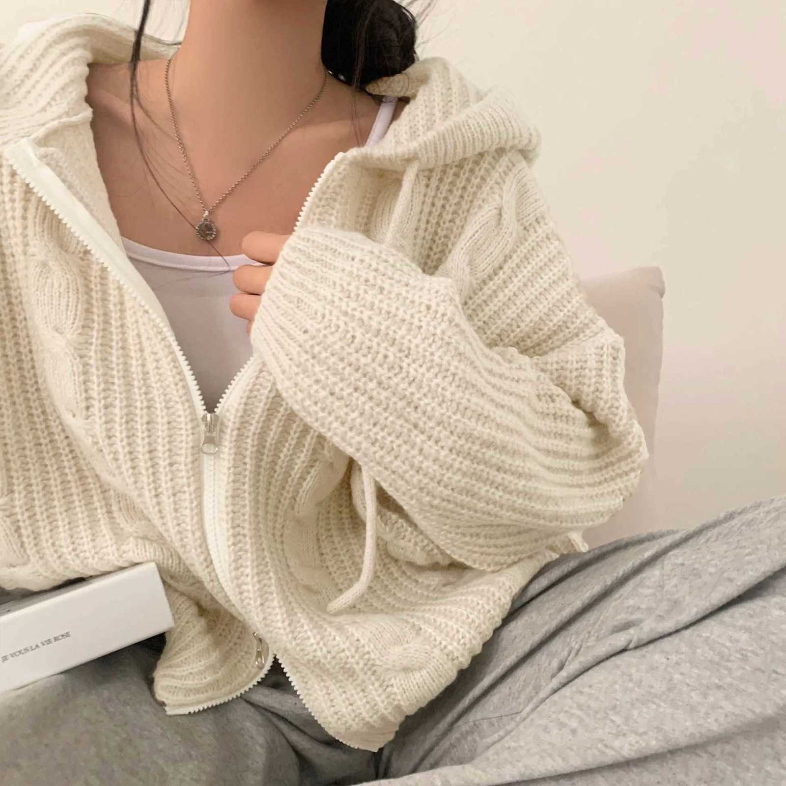 2025Autumn Winter Loose solid color Womens Thicken Twist Sweaters Cardigans Zip Up Lapel Collar Knitted Coat Casual TopsT251125