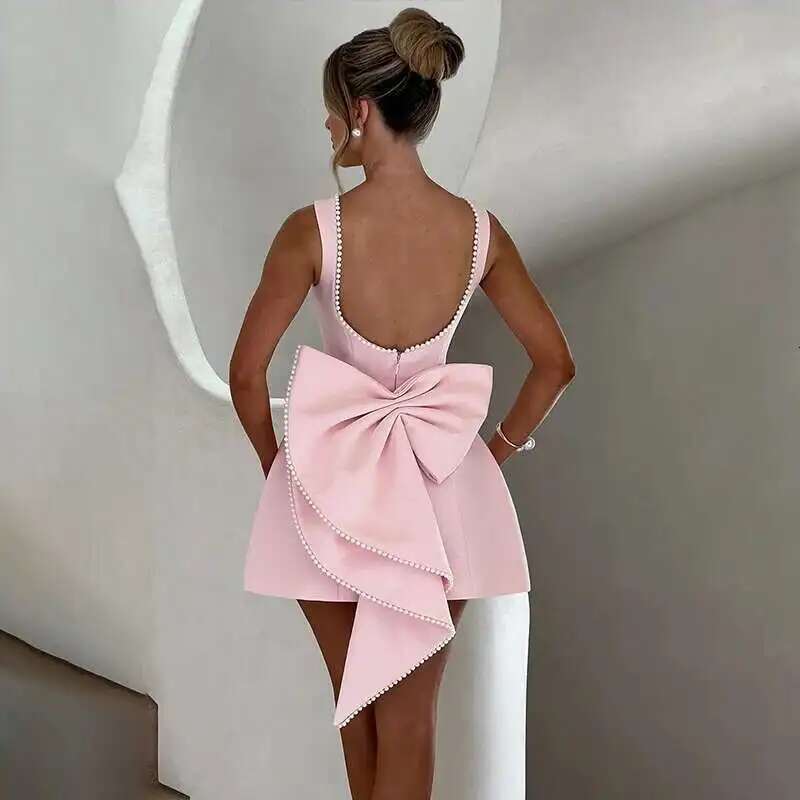 Dongdumaoyi Townlike Bow Pearl Backless Sexy Party Dress Women Mini Summer Elegant Waist Wrap A Line Dresses Vestidos