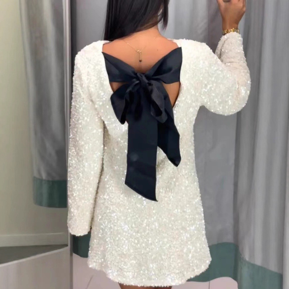 Long-sleeved sequined dress for ladies shiny and sexy party dress with fashionable bow