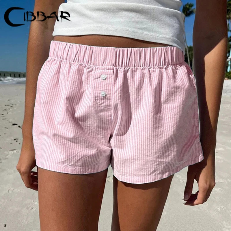 Cibbar Beachwear Kawaii y2k striped printed loose fitting womens elastic low rise bag casual shorts cute retro 90s clothing women 250418