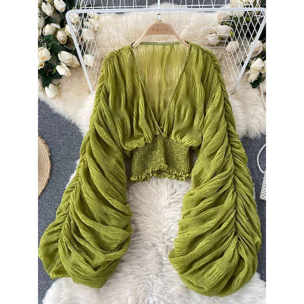 Summer Sexy Draped Chiffon Blouse For Women Elegant V-Neck Puff Long Sleeve Short Tops Female Slim Party Shirts 2022 New Fashion
