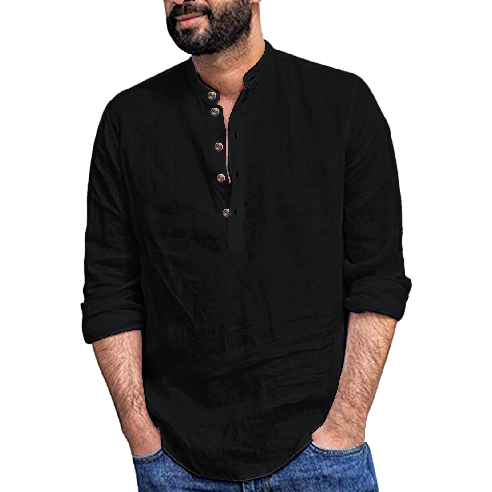 Casual mens loose shirt mens fashion stand collar cotton linen long sleeve color 2022
