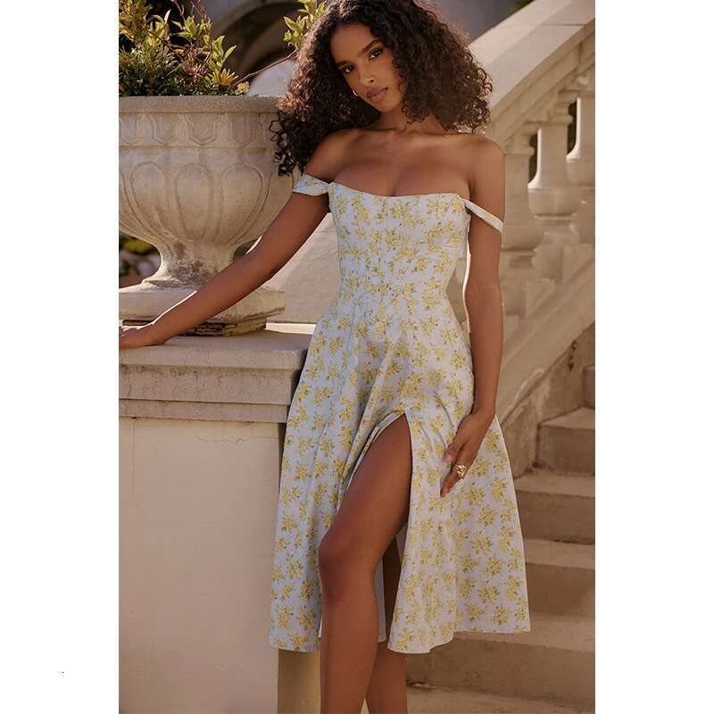 Dongdumaoyi Townlike Off Shoulder Midi Long A Line Dress Women Spaghetti Strap Spring Summer Print Split Sexy Party Dresses