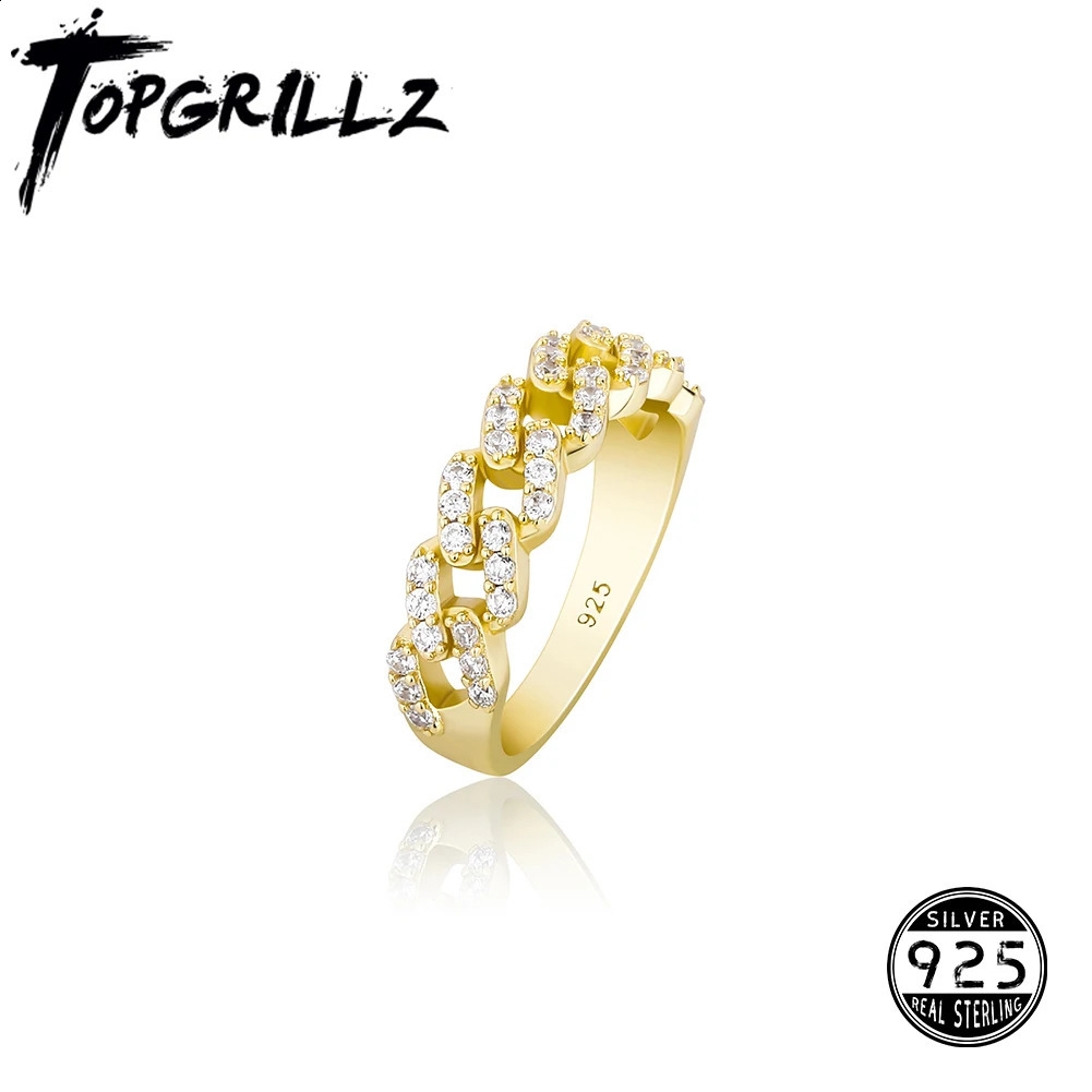 TOPGRILLZ Cuban Link Ring 100% 925 Sterling Silver Ring Iced Out Cubic Zirconia Hip Hop Personalized Jewelry For Gift 250425