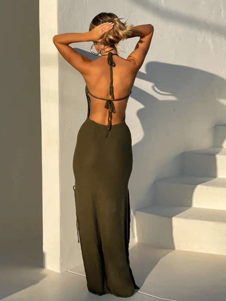 Dongdumaoyi Townlike Slim Bodycon Bandage Maxi Long Dress Women Halter Spring Summer Hollow Out Backless Sexy Party Dresses