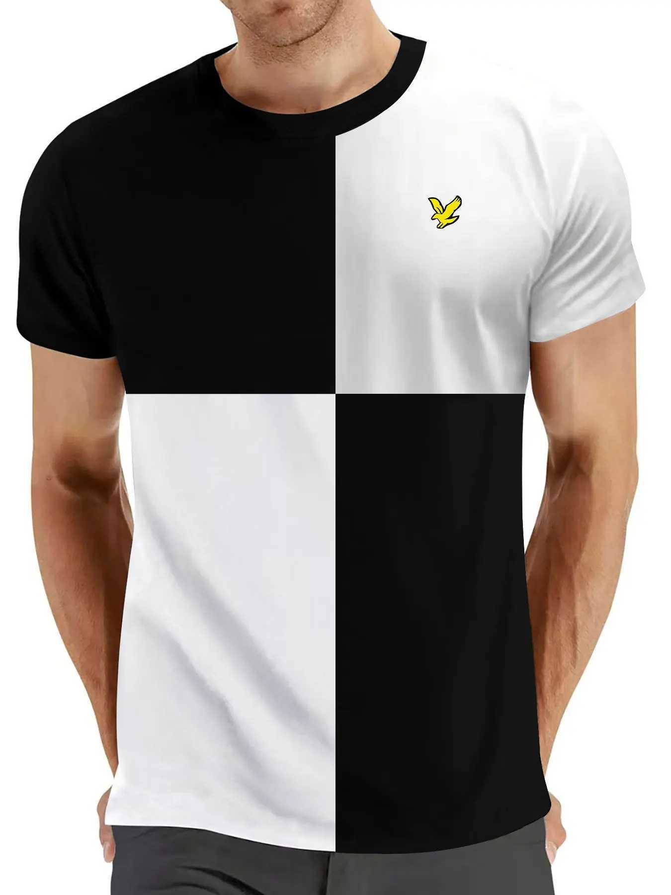 2025 Mens Leisure City Polyester SS25 T-shirt Loose Breathable Short Sleeve Round Neck Grid Large Eagle Pattern Trend W250425