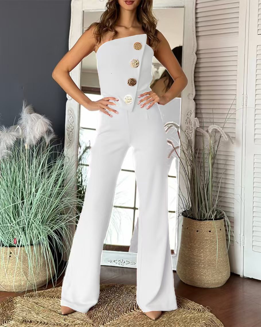 2024 summer sexy strapless button decoration micro flared jumpsuit womens clothing