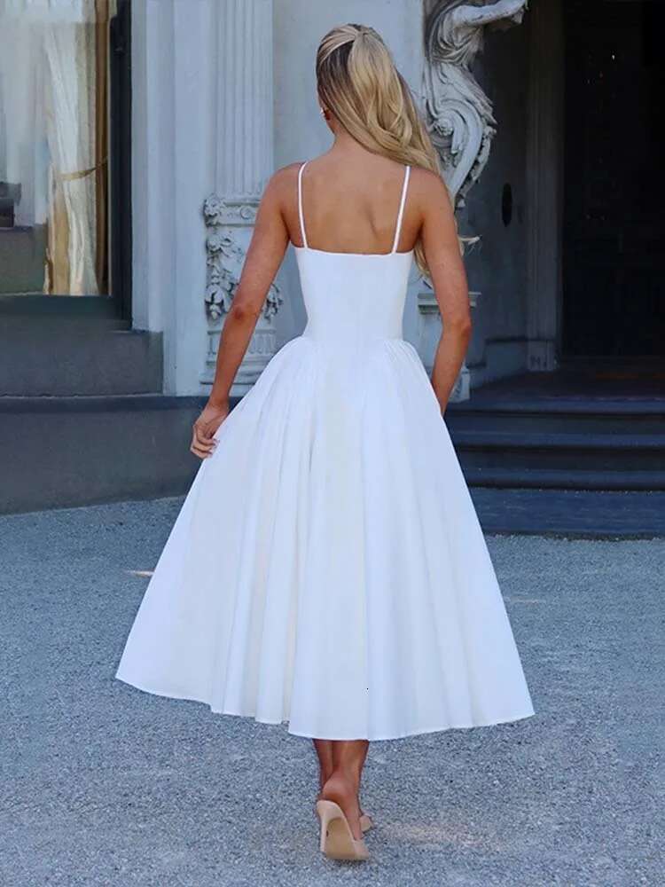 Dongdumaoyi Townlike Pleated Midi Long A Line Dress Women Spaghetti Strap Spring Summer Backless Nightclub Sexy Party Dresses