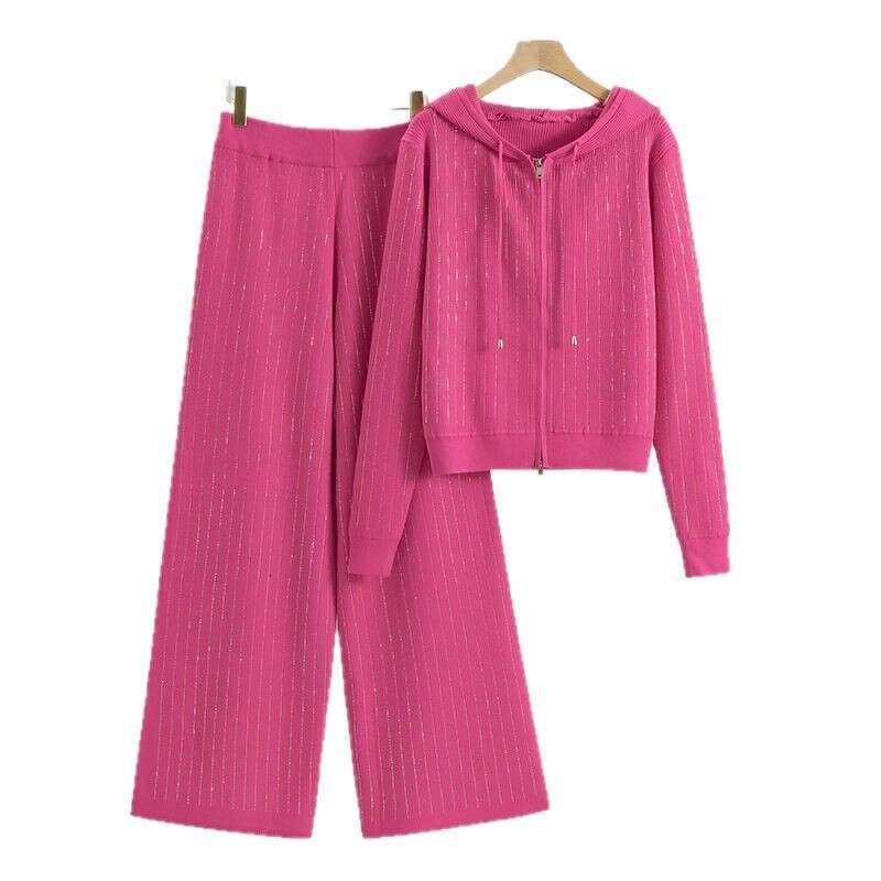 Womens Wide Leg Pants Hooded Knit Cardigan Two-piece Set Womens Autumn Fashion Loose Casual Hot Diamond Set New Pattern Popular New Arrival New Produc