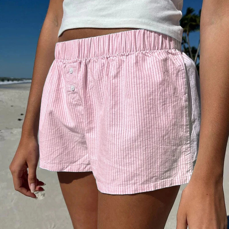 Cibbar Beachwear Kawaii y2k striped printed loose fitting womens elastic low rise bag casual shorts cute retro 90s clothing women 250418
