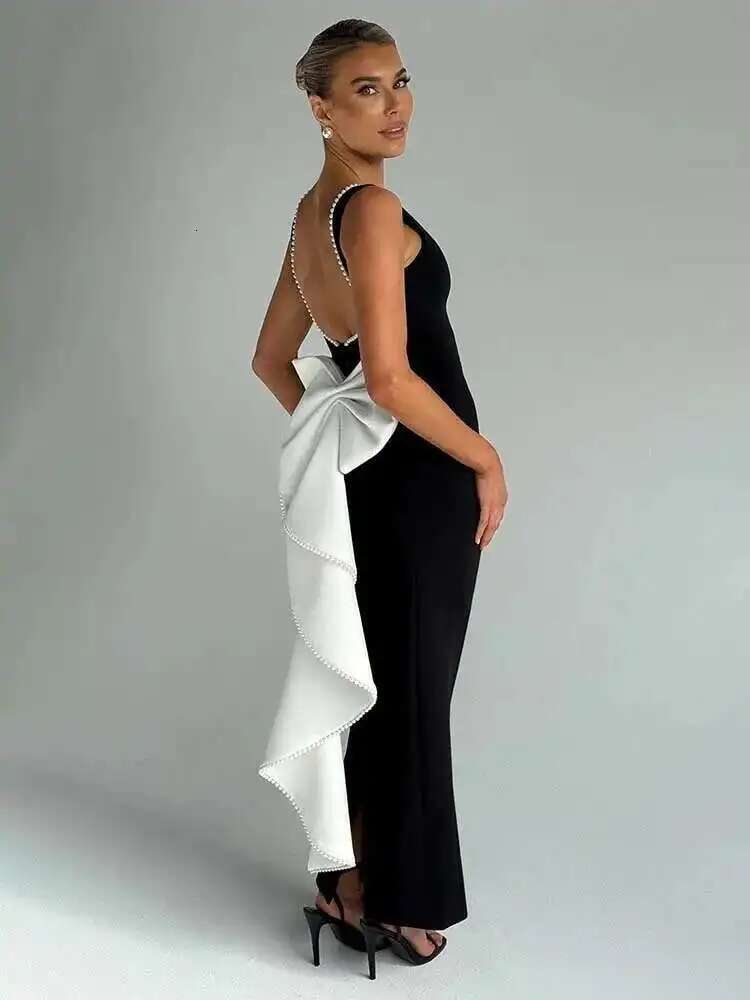 Dongdumaoyi Townlike Pearl Bow Backless Nightclub Sexy Party Dress Women Spring Summer Maxi Long Slim Bodycon Dresses