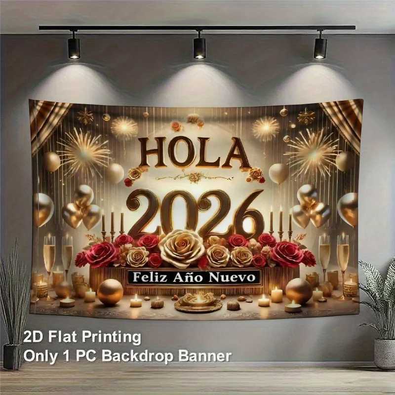 VIKAMA 2026 New Year Spanish Tapestry Golden Rose Fireworks Balloon Background Cloth New Year Party DecorationM251125