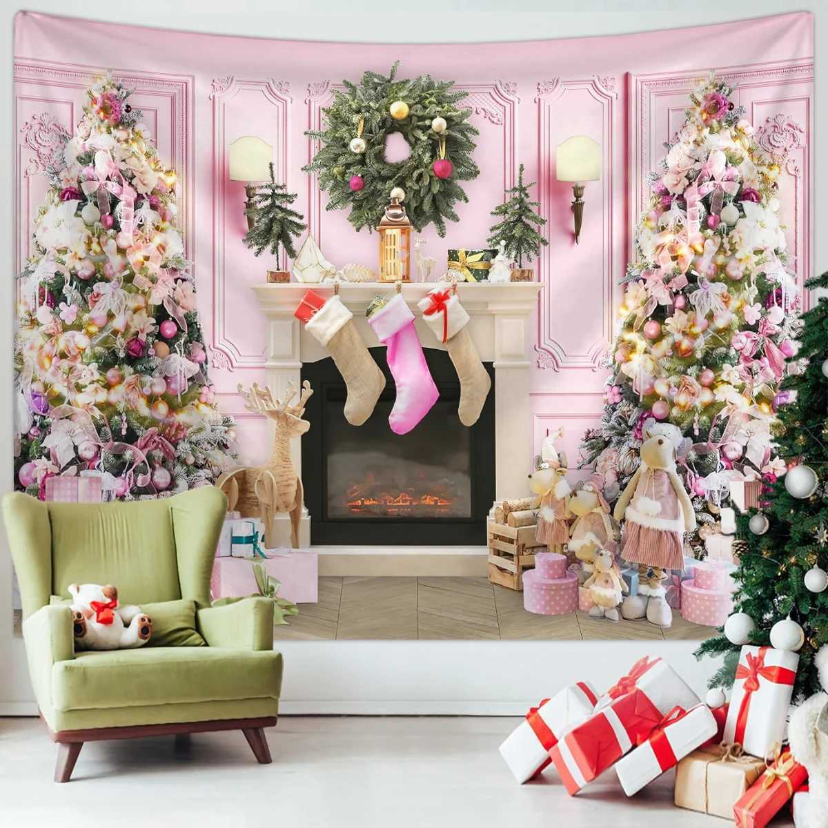 1pc Christmas tapestry Christmas tree fireplace snow background cloth Christmas party photography background wall clothM251125