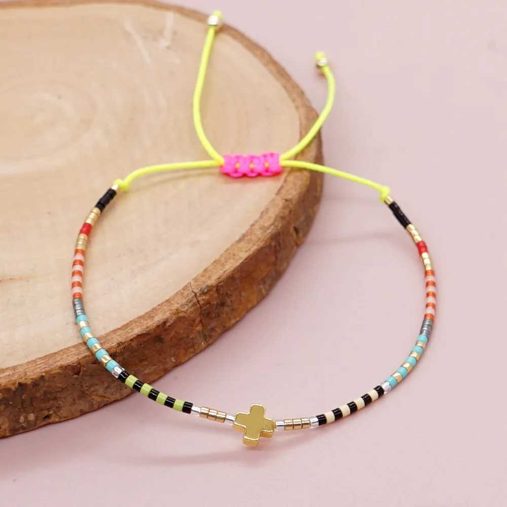 New minimalist Bohemian style Rainbow Rice Beads Handmade Beaded Cross Versatile Layered Womens Bracelet J251125