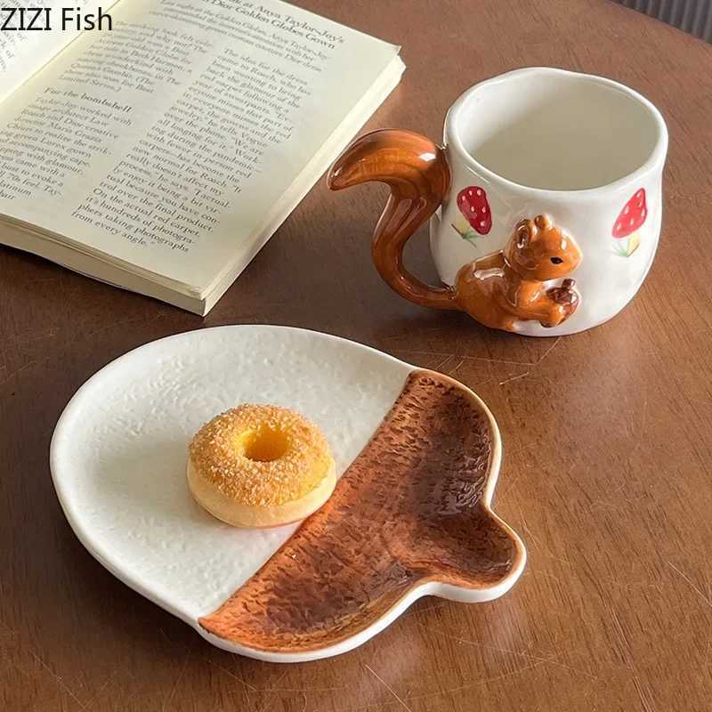 Squirrel Maple Leaf Relief Porcelain Cupsaucer Coffee Mug Dining Table Flower Mugs Afternoon Tea Teacup Fruits Juice Cup Y251125