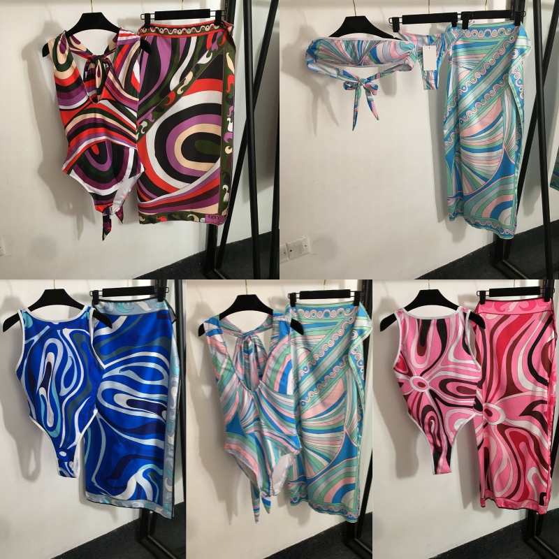 Sexy Women Colorful Swimwear Designer Halter One Piece Swimsuits With Skirt Charming Beach Travel Bathing Suits