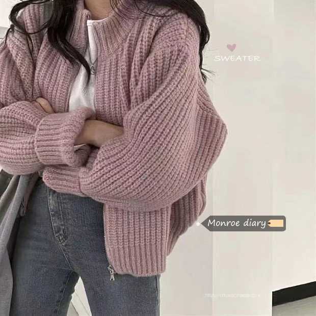 Womens Zip Up Sweater Cardigan Chunky Knit Stand Collar Zipper Front Plain Sweater Jacket Ladies Korean Chic Fall Winter OutfitT251125