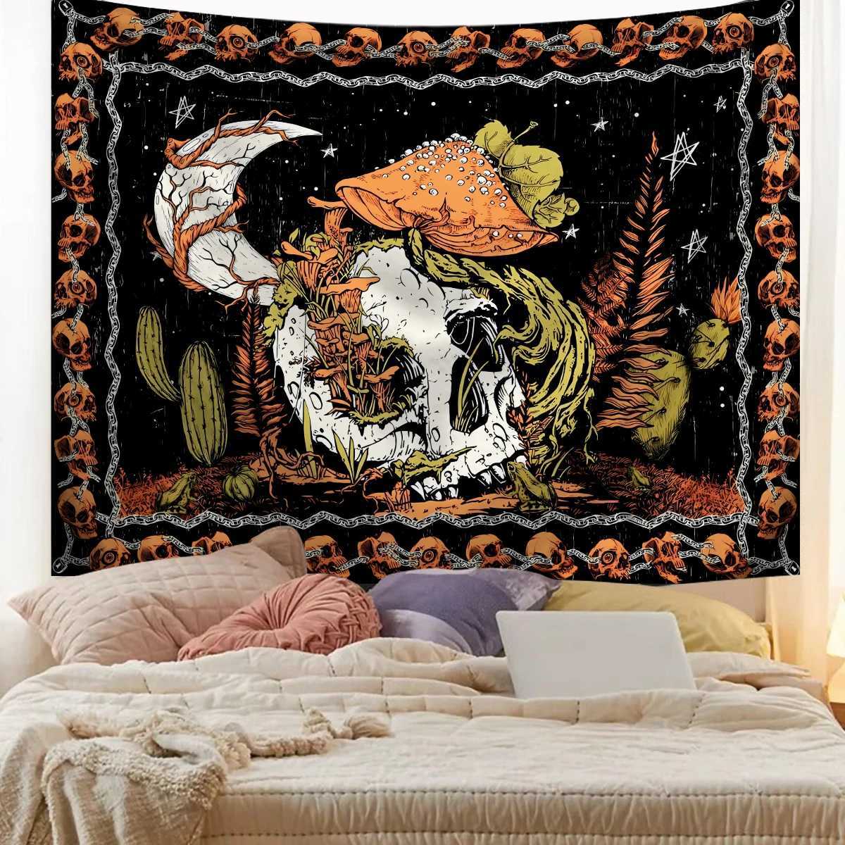 1pc Gothic skull tapestry human skull tapestry moon starry sky mushroom tapestry bedroom and living room aesthetic decorationM251125