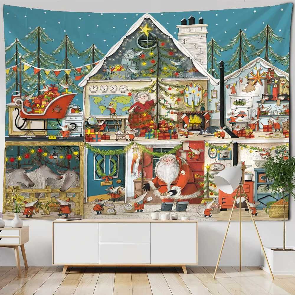 Christmas Tapestry Wall Hanging Elk Santa Claus Tree Pattern New Year Gift Home Fabric Decor for Living Room Bedroom OfficeM251125