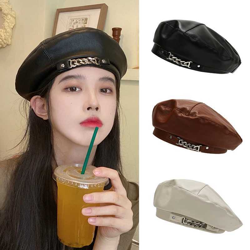 Women Fashion Vintage Elegant Metal Chain Leather Octagonal Beret Ladies Vintage Solid Colours Beret Caps J251125