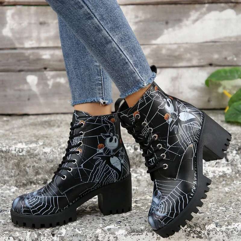 Halloween Skull High-Heeled Short 2024 Winter Item Thick Heel Print Design Versatile Fashion Women's Boots Zapatos Mujer