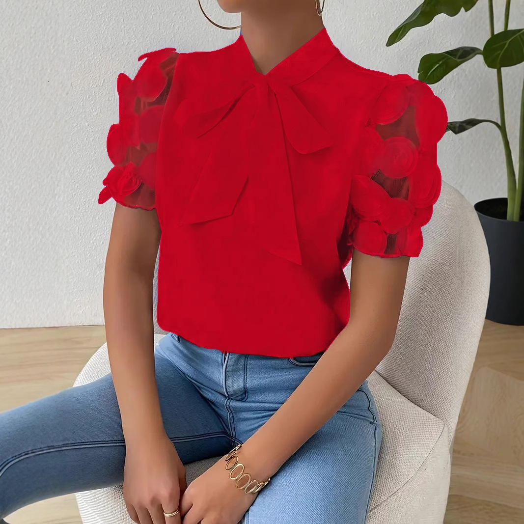 2025 New Summer Commuter Solid Color Simple Strap Bow Short Sleeve Shirt for Women