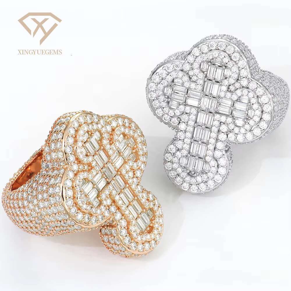 Mens Fully Iced Out 14K Gold Plated Hip Hop Rings Moissanite Ring for Men Punky Rapper Style Baguette Cross Pinky Ring