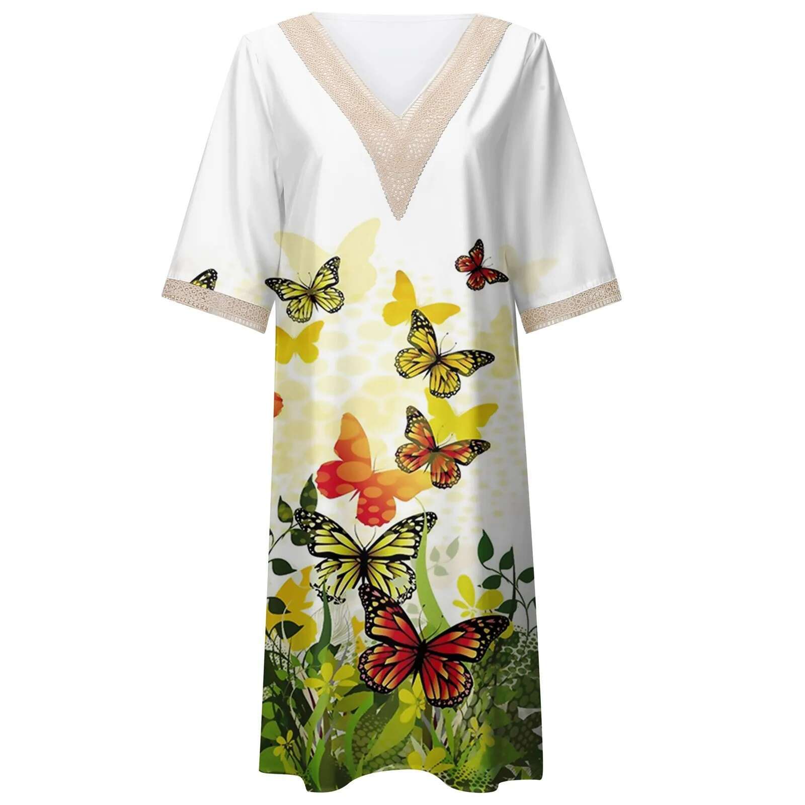Dongdumaoyi Butterfly Print Women S Bohemian Dress New Spring Summer Lace V Neck Loose Swing Short Sleeved A Line Robe