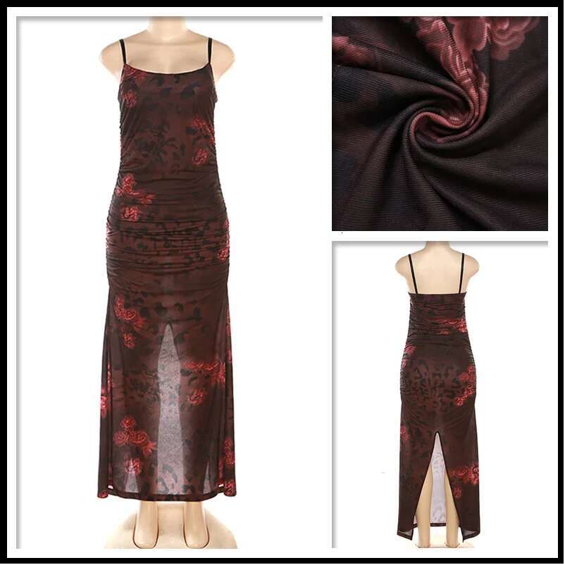 Dongdumaoyi Townlike Elegant Split Print Long Maxi Dress Women Spaghetti Strap Summer Nightclub Sexy Party Slim Bodycon Dresses
