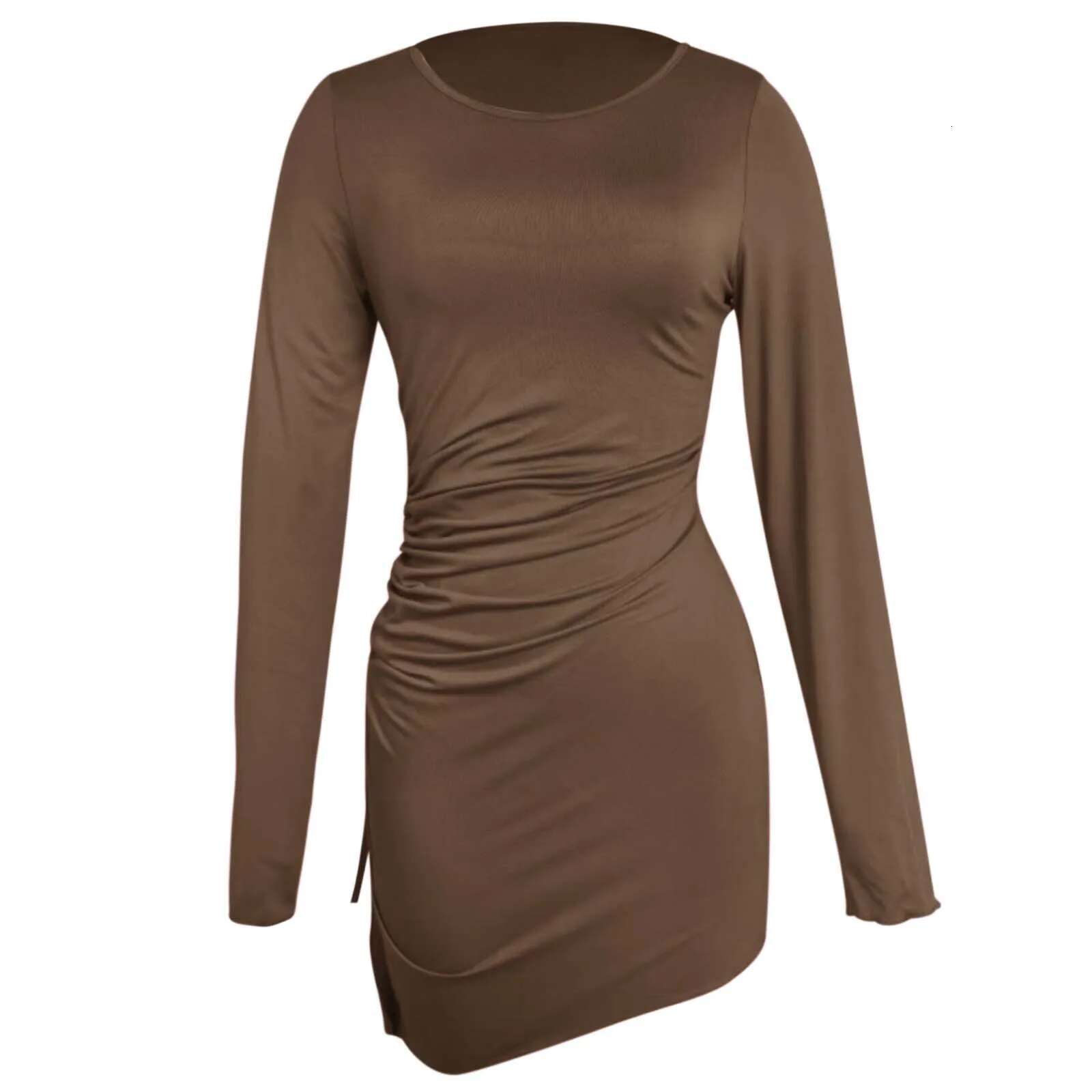 Dongdumaoyi New Women S Sexy Slim Fit Dresses Solid Color Hip Skirt Long Sleeve Round Neck Drawstring Dress Summer Ruffle