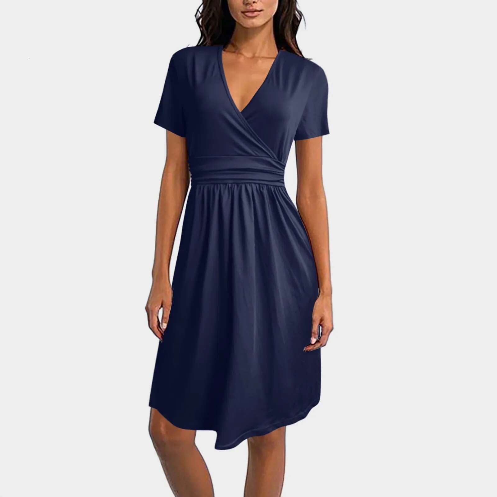 Dongdumaoyi Womens Summer Party Dress Solid V Neck Short Sleeve Casual Dresses For Woman Elegant Loose Swing Pleated Belt Vestidos