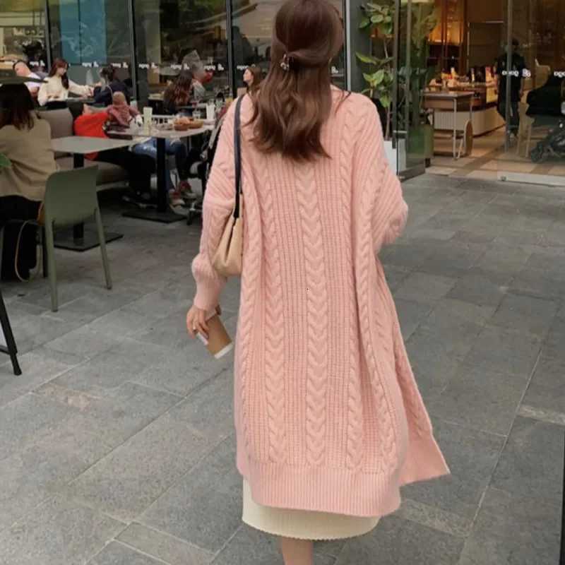 Autumn Womens Knitted Cardigan Sweater Korean Solid Color New V-neck Loose Long Jacket Elegant Office Lady Knit TopT251125