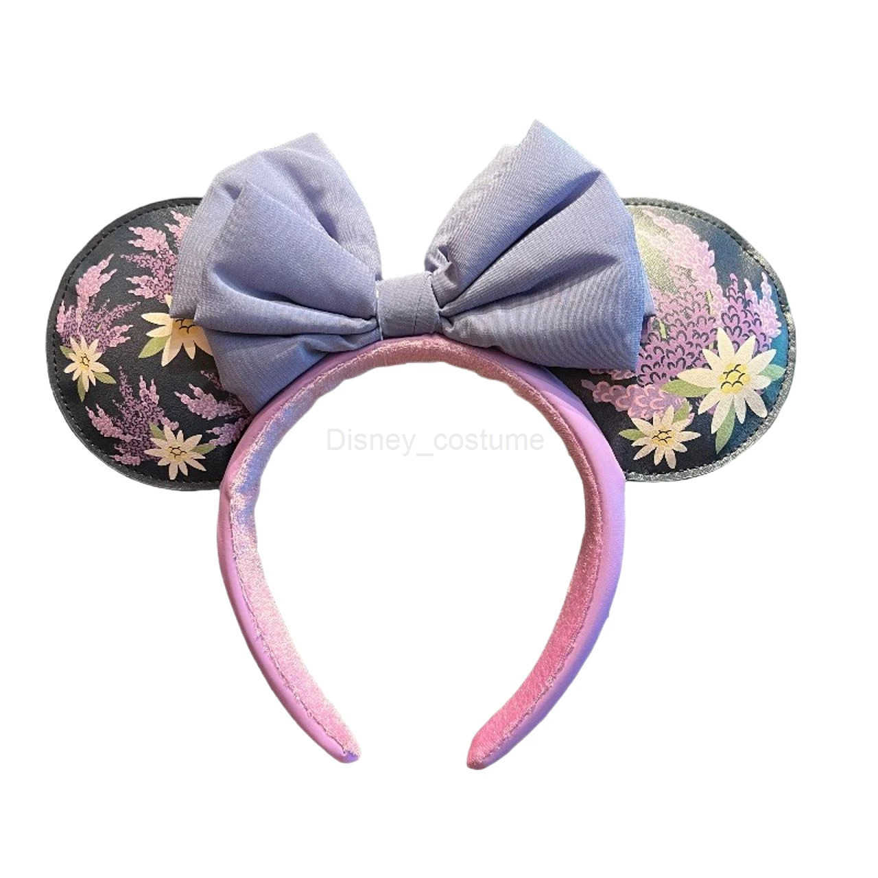 Disney PU leather Mickey Mouse ear headband Disney theme park embroidery flower light purple Minnie ear headband girls gift X250425