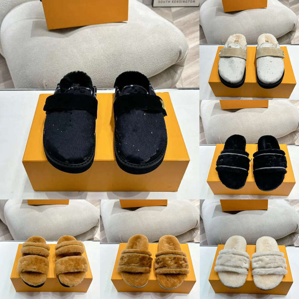 2025 Designer sandal Pool Pillow Flat Comfort Mules Woman shoe Suede Shearling wool fur slipper winter slipper Fashion mule fur slide Sliders Black Beach Shoes