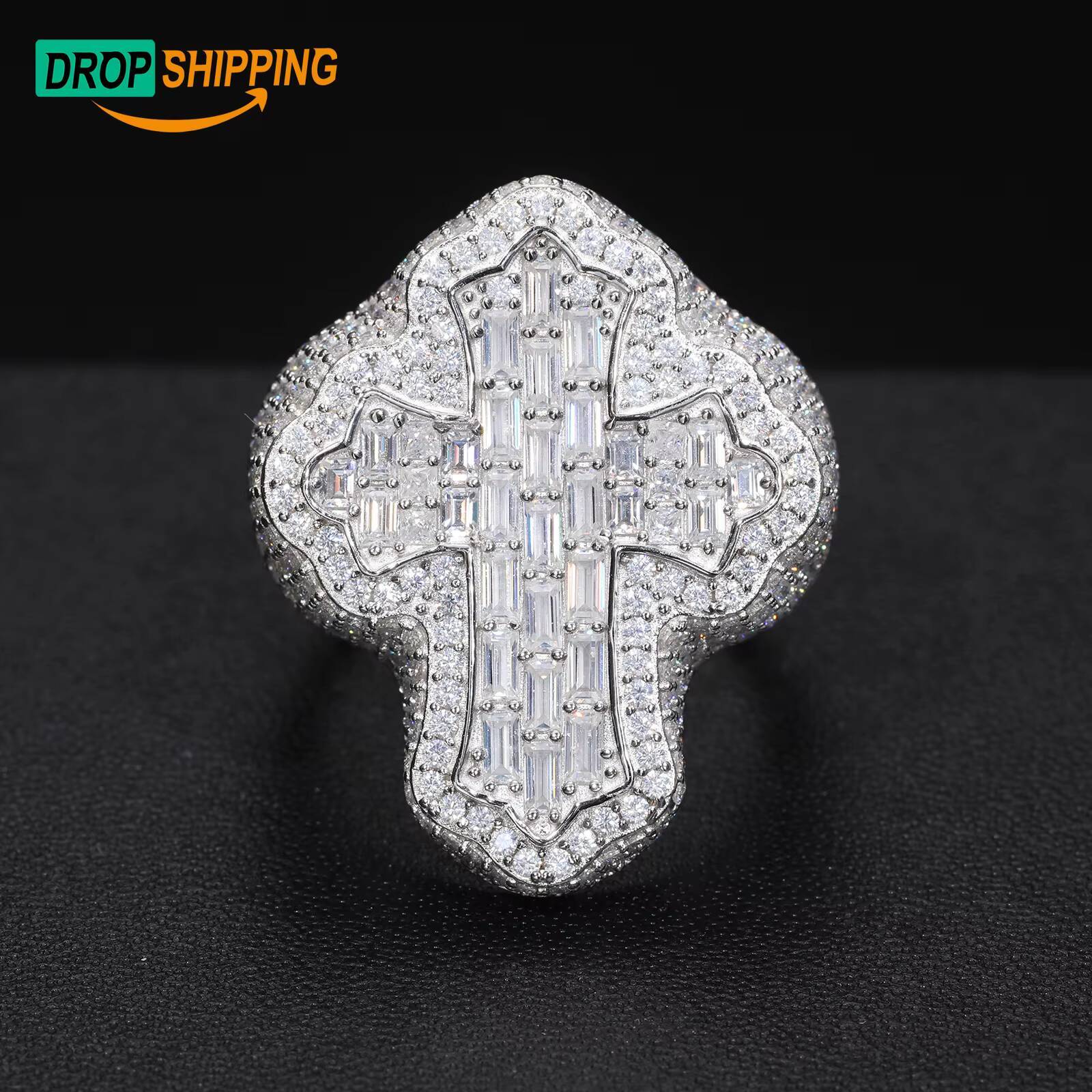 Dropshipping Baguette Cross Ring 925 Sterling Silver VVS Moissanite Diamond Iced Out Hip Hop Ring Rock Rapper Fashion Jewelry
